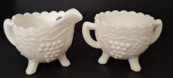 Imperial Glass Other - Vintage Imperial Milk Glass Grape & Leaf 3 Toed Open Sugar and Creamer
